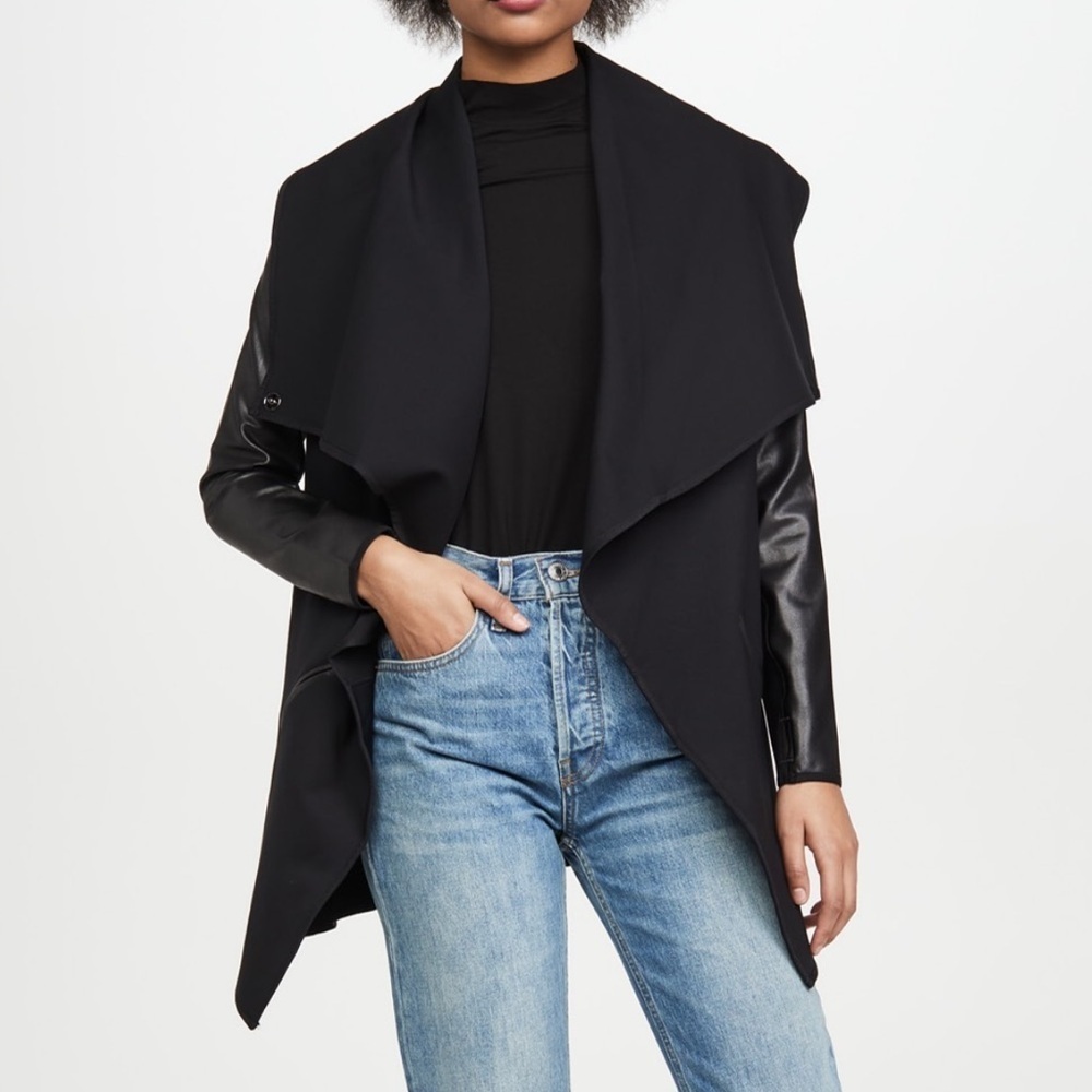 SPANX Faux Leather‎ Convertible Jacket Black Coat Open Front Snap